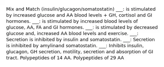 Mix and Match (insulin/glucagon/somatostatin) ___: is stimulated by increased glucose and AA blood levels + GH, cortisol and GI hormones. ___: is stimulated by increased blood levels of glucose, AA, FA and GI hormones. ___: is stimulated by decreased glucose and, increased AA blood levels and exercise. ___: Secretion is inhibited by insulin and somatostatin. ___: Secretion is inhibited by amylinand somatostatin. ___: Inhibits insulin, glucagon, GH secretion, motility, secretion and absorption of GI tract. Polypeptides of 14 AA. Polypeptides of 29 AA