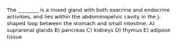 The ________ is a mixed gland with both exocrine and endocrine activities, and lies within the abdominopelvic cavity in the J-shaped loop between the stomach and small intestine. A) suprarenal glands B) pancreas C) kidneys D) thymus E) adipose tissue