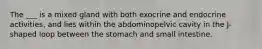 The ___ is a mixed gland with both exocrine and endocrine activities, and lies within the abdominopelvic cavity in the J-shaped loop between the stomach and small intestine.