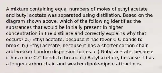 A mixture containing equal numbers of moles of ethyl acetate and butyl acetate was separated using distillation. Based on the diagram shown above, which of the following identifies the substances that would be initially present in higher concentration in the distillate and correctly explains why that occurs? a.) Ethyl acetate, because it has fever C-C bonds to break. b.) Ethyl acetate, because it has a shorter carbon chain and weaker London dispersion forces. c.) Butyl acetate, because it has more C-C bonds to break. d.) Butyl acetate, because it has a longer carbon chain and weaker dipole-dipole attractions.