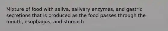 Mixture of food with saliva, salivary enzymes, and gastric secretions that is produced as the food passes through the mouth, esophagus, and stomach