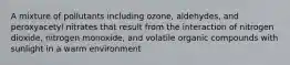 A mixture of pollutants including ozone, aldehydes, and peroxyacetyl nitrates that result from the interaction of nitrogen dioxide, nitrogen monoxide, and volatile organic compounds with sunlight in a warm environment