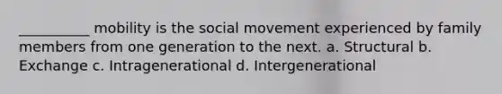 __________ mobility is the social movement experienced by family members from one generation to the next. a. Structural b. Exchange c. Intragenerational d. Intergenerational