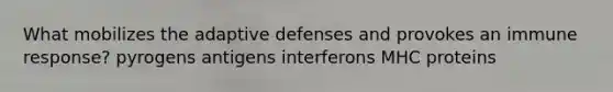 What mobilizes the adaptive defenses and provokes an immune response? pyrogens antigens interferons MHC proteins