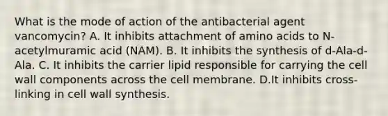 What is the mode of action of the antibacterial agent vancomycin? A. It inhibits attachment of amino acids to N-acetylmuramic acid (NAM). B. It inhibits the synthesis of d-Ala-d-Ala. C. It inhibits the carrier lipid responsible for carrying the cell wall components across the cell membrane. D.It inhibits cross-linking in cell wall synthesis.