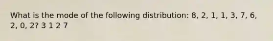 What is the mode of the following distribution: 8, 2, 1, 1, 3, 7, 6, 2, 0, 2? 3 1 2 7