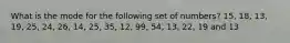 What is the mode for the following set of numbers? 15, 18, 13, 19, 25, 24, 26, 14, 25, 35, 12, 99, 54, 13, 22, 19 and 13