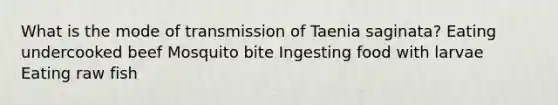 What is the mode of transmission of Taenia saginata? Eating undercooked beef Mosquito bite Ingesting food with larvae Eating raw fish