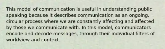 This model of communication is useful in understanding public speaking because it describes communication as an ongoing, circular process where we are constantly affecting and affected by those we communicate with. In this model, communicators encode and decode messages, through their individual filters of worldview and context.