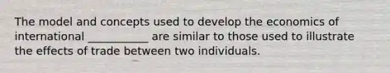 The model and concepts used to develop the economics of international ___________ are similar to those used to illustrate the effects of trade between two individuals.