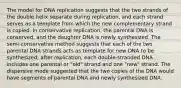 The model for DNA replication suggests that the two strands of the double helix separate during replication, and each strand serves as a template from which the new complementary strand is copied. In conservative replication, the parental DNA is conserved, and the daughter DNA is newly synthesized. The semi-conservative method suggests that each of the two parental DNA strands acts as template for new DNA to be synthesized; after replication, each double-stranded DNA includes one parental or "old" strand and one "new" strand. The dispersive mode suggested that the two copies of the DNA would have segments of parental DNA and newly synthesized DNA.