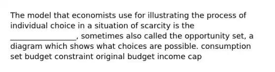 The model that economists use for illustrating the process of individual choice in a situation of scarcity is the _________________, sometimes also called the opportunity set, a diagram which shows what choices are possible. consumption set budget constraint original budget income cap