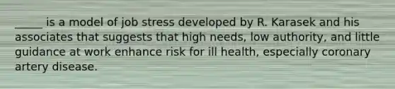 _____ is a model of job stress developed by R. Karasek and his associates that suggests that high needs, low authority, and little guidance at work enhance risk for ill health, especially coronary artery disease.