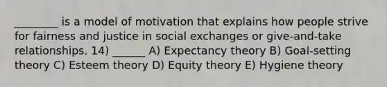 ________ is a model of motivation that explains how people strive for fairness and justice in social exchanges or give-and-take relationships. 14) ______ A) Expectancy theory B) Goal-setting theory C) Esteem theory D) Equity theory E) Hygiene theory