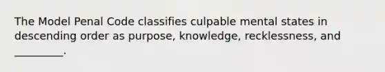 The Model Penal Code classifies culpable mental states in <a href='https://www.questionai.com/knowledge/kMfvuk50mF-descending-order' class='anchor-knowledge'>descending order</a> as purpose, knowledge, recklessness, and _________.