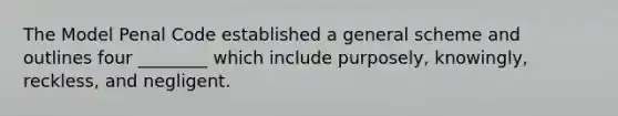 The Model Penal Code established a general scheme and outlines four ________ which include purposely, knowingly, reckless, and negligent.