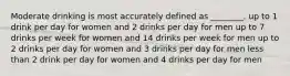 Moderate drinking is most accurately defined as ________. up to 1 drink per day for women and 2 drinks per day for men up to 7 drinks per week for women and 14 drinks per week for men up to 2 drinks per day for women and 3 drinks per day for men less than 2 drink per day for women and 4 drinks per day for men