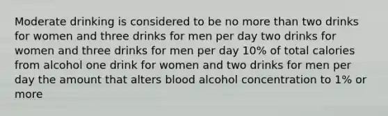 Moderate drinking is considered to be no more than two drinks for women and three drinks for men per day two drinks for women and three drinks for men per day 10% of total calories from alcohol one drink for women and two drinks for men per day the amount that alters blood alcohol concentration to 1% or more