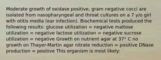 Moderate growth of oxidase positive, gram negative cocci are isolated from nasopharyngeal and throat cultures on a 7 y/o girl with otitis media (ear infection). Biochemical tests produced the following results: glucose utilization = negative maltose utilization = negative lactose utilization = negative sucrose utilization = negative Growth on nutrient agar at 37° C no growth on Thayer-Martin agar nitrate reduction = positive DNase production = positive This organism is most likely: