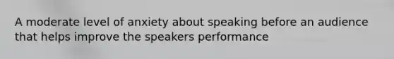 A moderate level of anxiety about speaking before an audience that helps improve the speakers performance