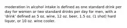 moderation in alcohol intake is defined as one standard drink per day for women or two standard drinks per day for men, with a 'drink' defined as 5 oz. wine, 12 oz. beer, 1.5 oz. (1 shot) hard liquor, or 10 oz. wine cooler.