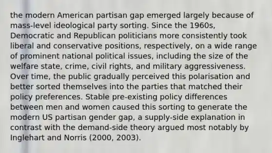 the modern American partisan gap emerged largely because of mass-level ideological party sorting. Since the 1960s, Democratic and Republican politicians more consistently took liberal and conservative positions, respectively, on a wide range of prominent national political issues, including the size of the welfare state, crime, civil rights, and military aggressiveness. Over time, the public gradually perceived this polarisation and better sorted themselves into the parties that matched their policy preferences. Stable pre-existing policy differences between men and women caused this sorting to generate the modern US partisan gender gap, a supply-side explanation in contrast with the demand-side theory argued most notably by Inglehart and Norris (2000, 2003).