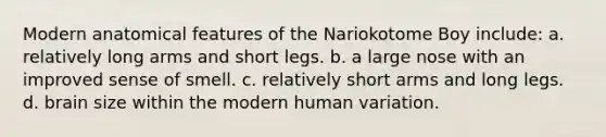 Modern anatomical features of the Nariokotome Boy include: a. relatively long arms and short legs. b. a large nose with an improved sense of smell. c. relatively short arms and long legs. d. brain size within the modern human variation.