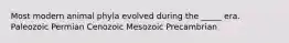 Most modern animal phyla evolved during the _____ era. Paleozoic Permian Cenozoic Mesozoic Precambrian
