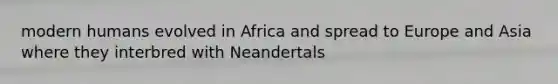 modern humans evolved in Africa and spread to Europe and Asia where they interbred with Neandertals