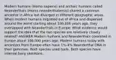 Modern humans (Homo sapiens) and archaic humans called Neanderthals (Homo neanderthalensis) shared a common ancestor in Africa but diverged in different geographic areas. When modern humans migrated out of Africa and dispersed around the world starting about 100,000 years ago, they overlapped with Neanderthals in Europe. What evidence would support the idea that the two species are relatively closely related? ANSWER Modern humans and Neanderthals coexisted in Europe about 100,000 years ago. Modern humans today with ancestors from Europe often have 1%-4% Neanderthal DNA in their genomes. Both species used tools. Both species have internal bony skeletons.