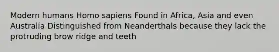 Modern humans Homo sapiens Found in Africa, Asia and even Australia Distinguished from Neanderthals because they lack the protruding brow ridge and teeth