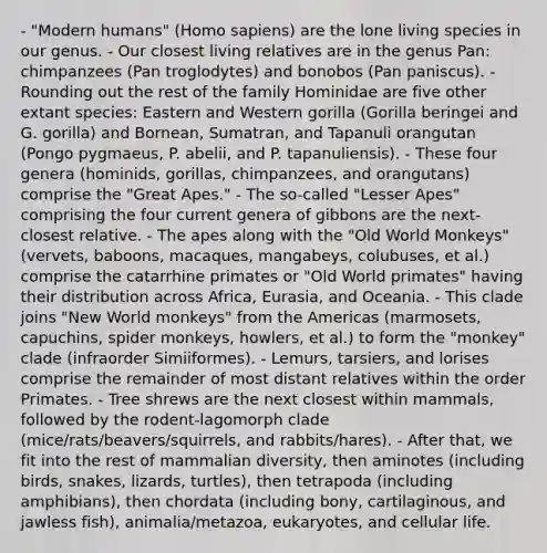 - "Modern humans" (Homo sapiens) are the lone living species in our genus. - Our closest living relatives are in the genus Pan: chimpanzees (Pan troglodytes) and bonobos (Pan paniscus). - Rounding out the rest of the family Hominidae are five other extant species: Eastern and Western gorilla (Gorilla beringei and G. gorilla) and Bornean, Sumatran, and Tapanuli orangutan (Pongo pygmaeus, P. abelii, and P. tapanuliensis). - These four genera (hominids, gorillas, chimpanzees, and orangutans) comprise the "Great Apes." - The so-called "Lesser Apes" comprising the four current genera of gibbons are the next-closest relative. - The apes along with the "Old World Monkeys" (vervets, baboons, macaques, mangabeys, colubuses, et al.) comprise the catarrhine primates or "Old World primates" having their distribution across Africa, Eurasia, and Oceania. - This clade joins "New World monkeys" from the Americas (marmosets, capuchins, spider monkeys, howlers, et al.) to form the "monkey" clade (infraorder Simiiformes). - Lemurs, tarsiers, and lorises comprise the remainder of most distant relatives within the order Primates. - Tree shrews are the next closest within mammals, followed by the rodent-lagomorph clade (mice/rats/beavers/squirrels, and rabbits/hares). - After that, we fit into the rest of mammalian diversity, then aminotes (including birds, snakes, lizards, turtles), then tetrapoda (including amphibians), then chordata (including bony, cartilaginous, and jawless fish), animalia/metazoa, eukaryotes, and cellular life.