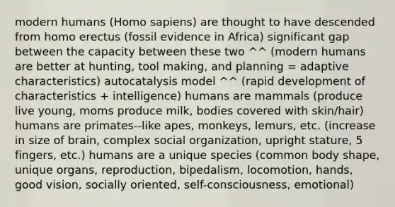 modern humans (Homo sapiens) are thought to have descended from homo erectus (fossil evidence in Africa) significant gap between the capacity between these two ^^ (modern humans are better at hunting, tool making, and planning = adaptive characteristics) autocatalysis model ^^ (rapid development of characteristics + intelligence) humans are mammals (produce live young, moms produce milk, bodies covered with skin/hair) humans are primates--like apes, monkeys, lemurs, etc. (increase in size of brain, complex social organization, upright stature, 5 fingers, etc.) humans are a unique species (common body shape, unique organs, reproduction, bipedalism, locomotion, hands, good vision, socially oriented, self-consciousness, emotional)