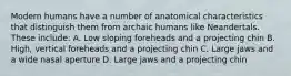 Modern humans have a number of anatomical characteristics that distinguish them from archaic humans like Neandertals. These include: A. Low sloping foreheads and a projecting chin B. High, vertical foreheads and a projecting chin C. Large jaws and a wide nasal aperture D. Large jaws and a projecting chin