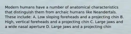 Modern humans have a number of anatomical characteristics that distinguish them from archaic humans like Neandertals. These include: A. Low sloping foreheads and a projecting chin B. High, vertical foreheads and a projecting chin C. Large jaws and a wide nasal aperture D. Large jaws and a projecting chin