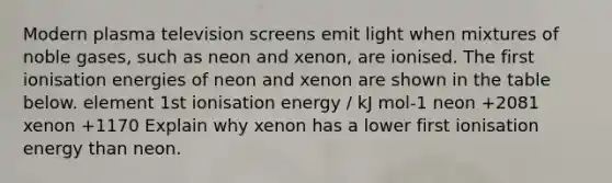 Modern plasma television screens emit light when mixtures of noble gases, such as neon and xenon, are ionised. The first ionisation energies of neon and xenon are shown in the table below. element 1st ionisation energy / kJ mol-1 neon +2081 xenon +1170 Explain why xenon has a lower first ionisation energy than neon.