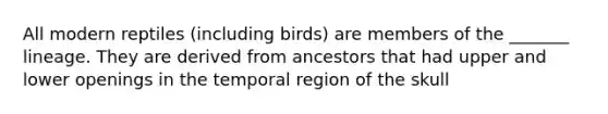 All modern reptiles (including birds) are members of the _______ lineage. They are derived from ancestors that had upper and lower openings in the temporal region of the skull