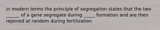 in modern terms the principle of segregation states that the two ______ of a gene segregate during _____ formation and are then rejoined at random during fertilization