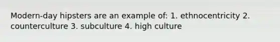Modern-day hipsters are an example of: 1. ethnocentricity 2. counterculture 3. subculture 4. high culture