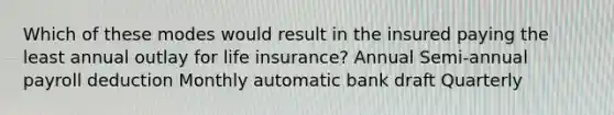 Which of these modes would result in the insured paying the least annual outlay for life insurance? Annual Semi-annual payroll deduction Monthly automatic bank draft Quarterly