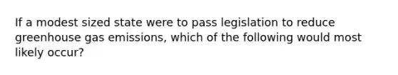 If a modest sized state were to pass legislation to reduce greenhouse gas emissions, which of the following would most likely occur?