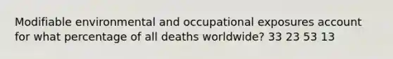 Modifiable environmental and occupational exposures account for what percentage of all deaths worldwide? 33 23 53 13