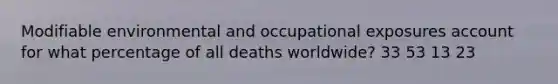 Modifiable environmental and occupational exposures account for what percentage of all deaths worldwide? 33 53 13 23