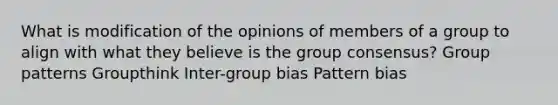 What is modification of the opinions of members of a group to align with what they believe is the group consensus? Group patterns Groupthink Inter-group bias Pattern bias