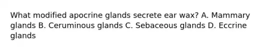 What modified apocrine glands secrete ear wax? A. Mammary glands B. Ceruminous glands C. Sebaceous glands D. Eccrine glands