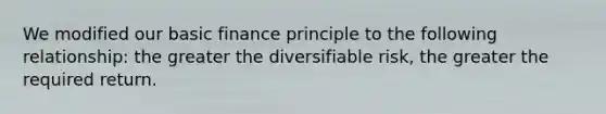 We modified our basic finance principle to the following relationship: the greater the diversifiable risk, the greater the required return.