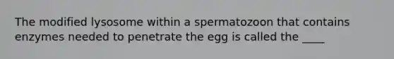 The modified lysosome within a spermatozoon that contains enzymes needed to penetrate the egg is called the ____