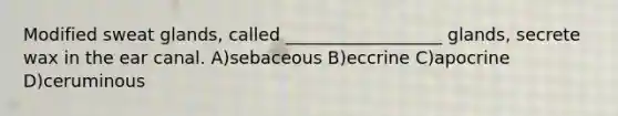 Modified sweat glands, called __________________ glands, secrete wax in the ear canal. A)sebaceous B)eccrine C)apocrine D)ceruminous