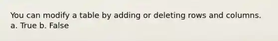 You can modify a table by adding or deleting rows and columns. a. True b. False