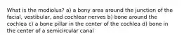 What is the modiolus? a) a bony area around the junction of the facial, vestibular, and cochlear nerves b) bone around the cochlea c) a bone pillar in the center of the cochlea d) bone in the center of a semicircular canal